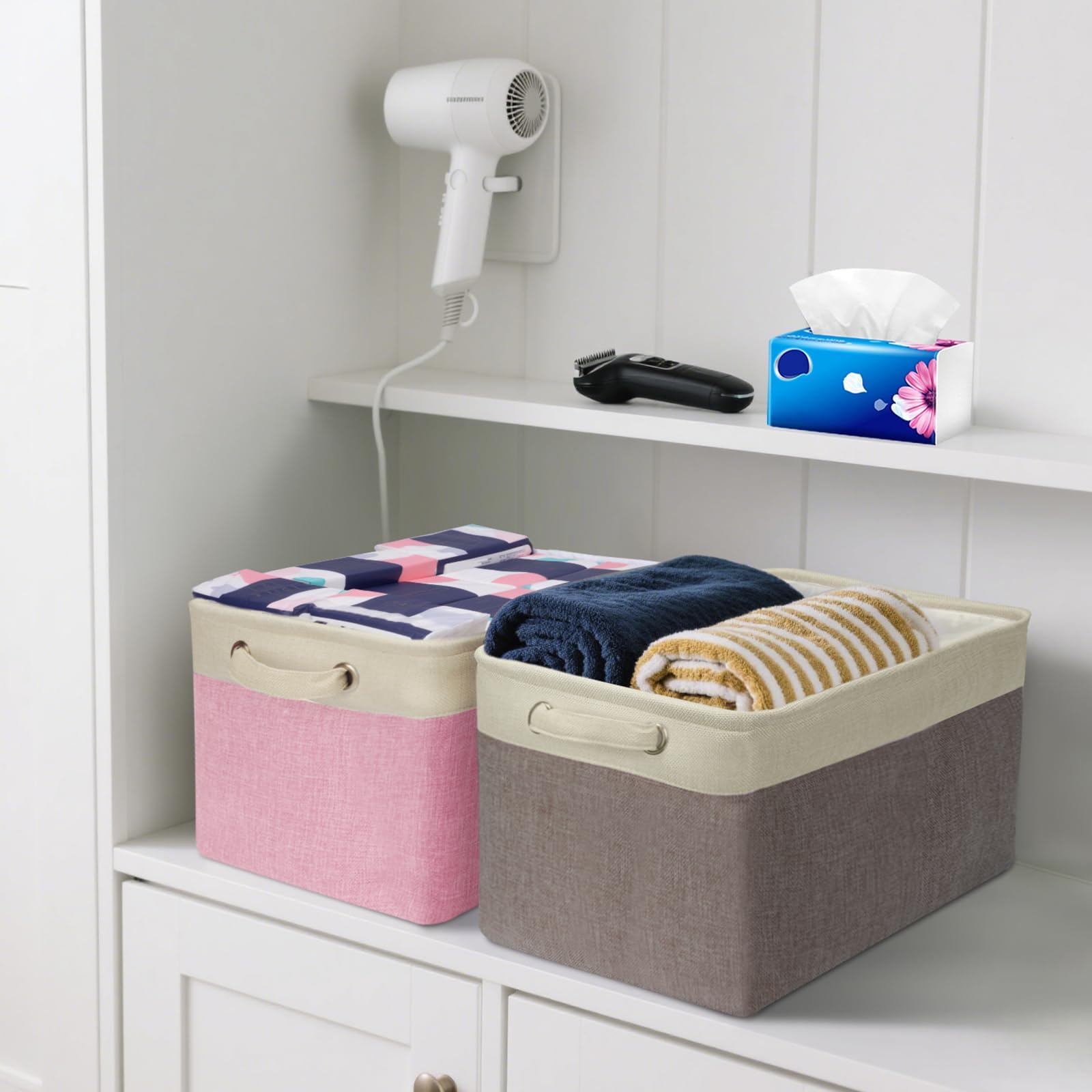 Set Da 3 Ceste Organizer In Tessuto BALEINE | Lino Rosa | Pieghevoli Con Maniglie | 30,5x20,3x20,3 Cm | Per Armadio E Scaffali