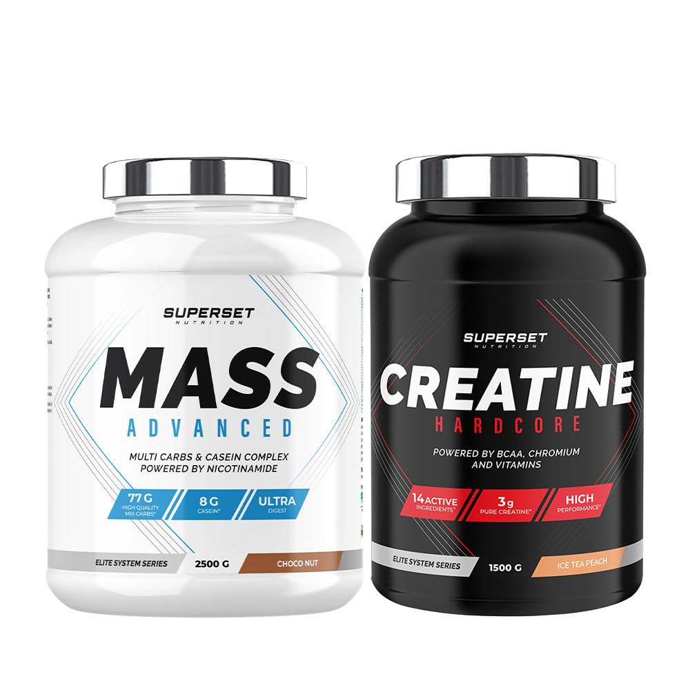 Superset Nutrition | Programme Prise De Masse Avancé - Mass Advanced 2,5kg Choco Nut - Créatine Hardcore 1,5 kg Ice Tea Pêche | Augmente la prise de masse et intensifie la force et le volume