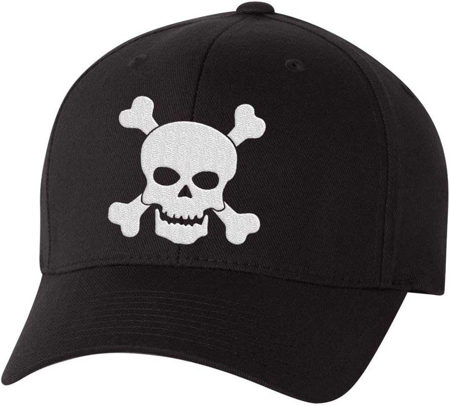 Skull and Crossbones Black Flex Fit Hat, Black Baseball Hat with Skull