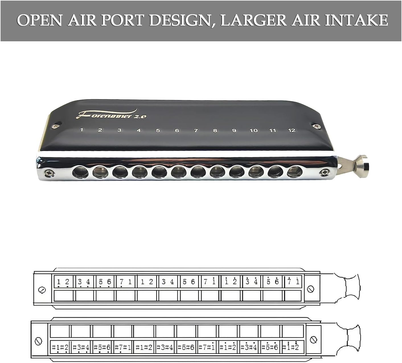 Chromatic Harmonica Forerunner 2.0,12 Hole 48 Tone Mouth Organ Harmonica without Valve,Transparent ABS Comb,for Player, Beginner,Adults (Forerunner 2.0 1248)