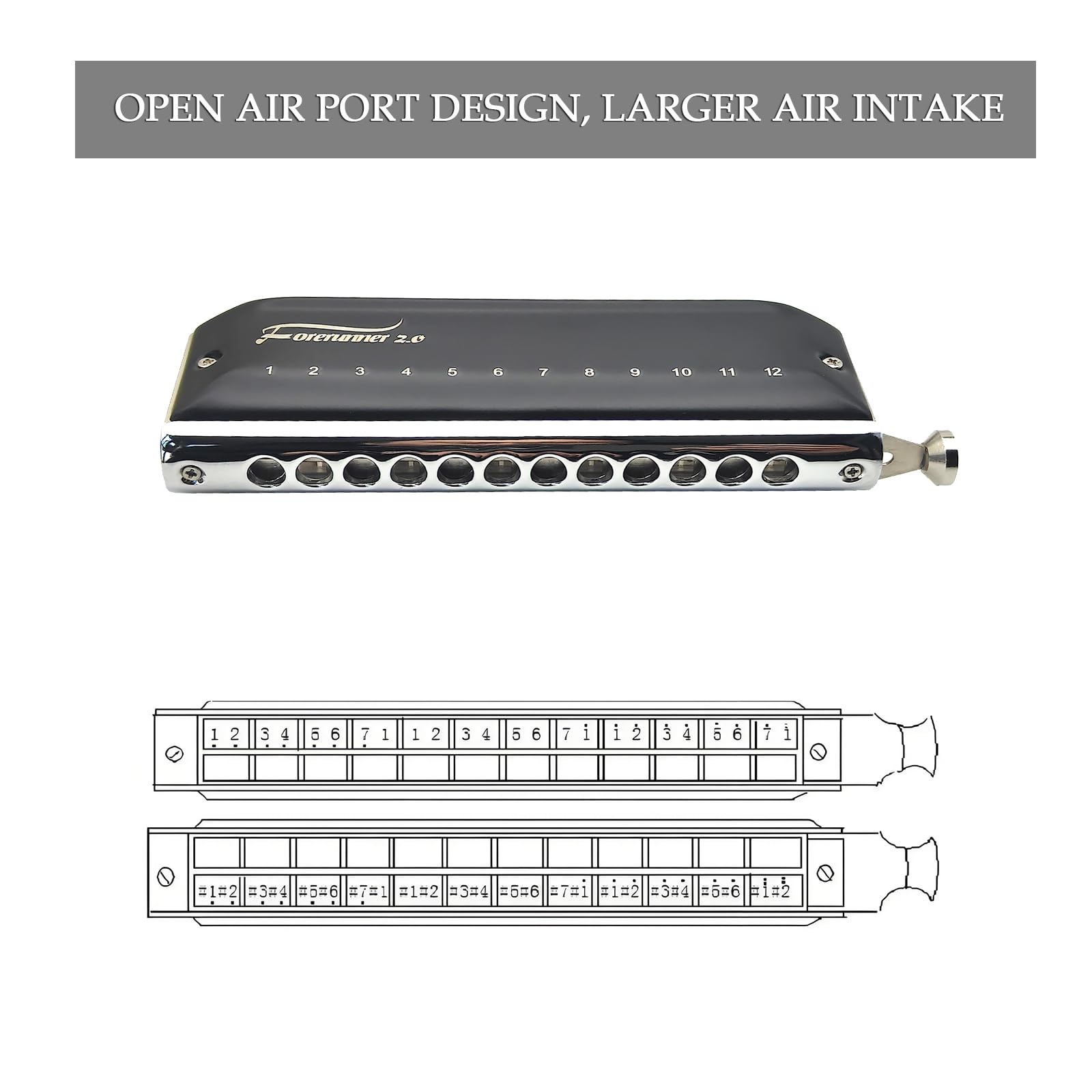 Forerunner 2.0 1248 Harmonica chromatique à 12 trous 48 tons sans valve, peigne en ABS transparent, pour joueurs, débutants et adultes (Forerunner 2.0 1248)