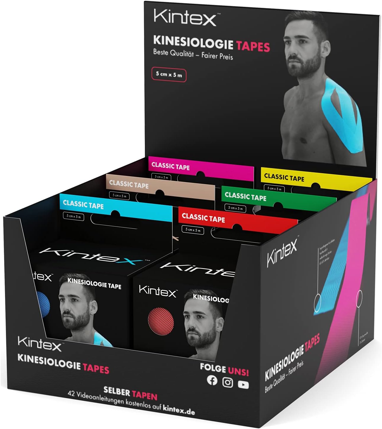 Kintex - Cinta de kinesiología con Soporte (6 Rollos, 30 m, elástica, Impermeable)