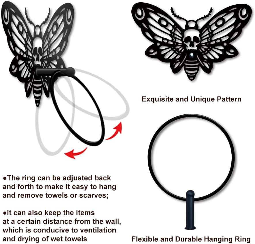MAYJOYDIY Death Head Moth Metal Towel Ring Halloween Skeleton Insects Towel Holder Bath Towel Ring Black Art Towel Rack for Bathroom Kitchen Towel Hanger Home Decors Gift
