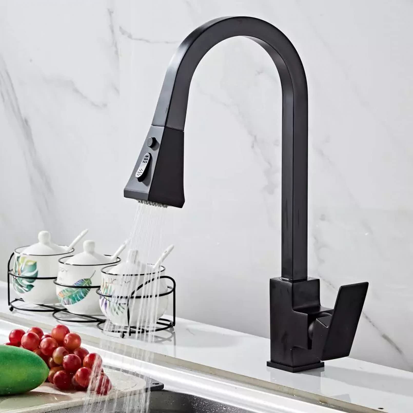 Mitigeur d'eau noir pour cuisine ouverte avec bec pivotant et douchette