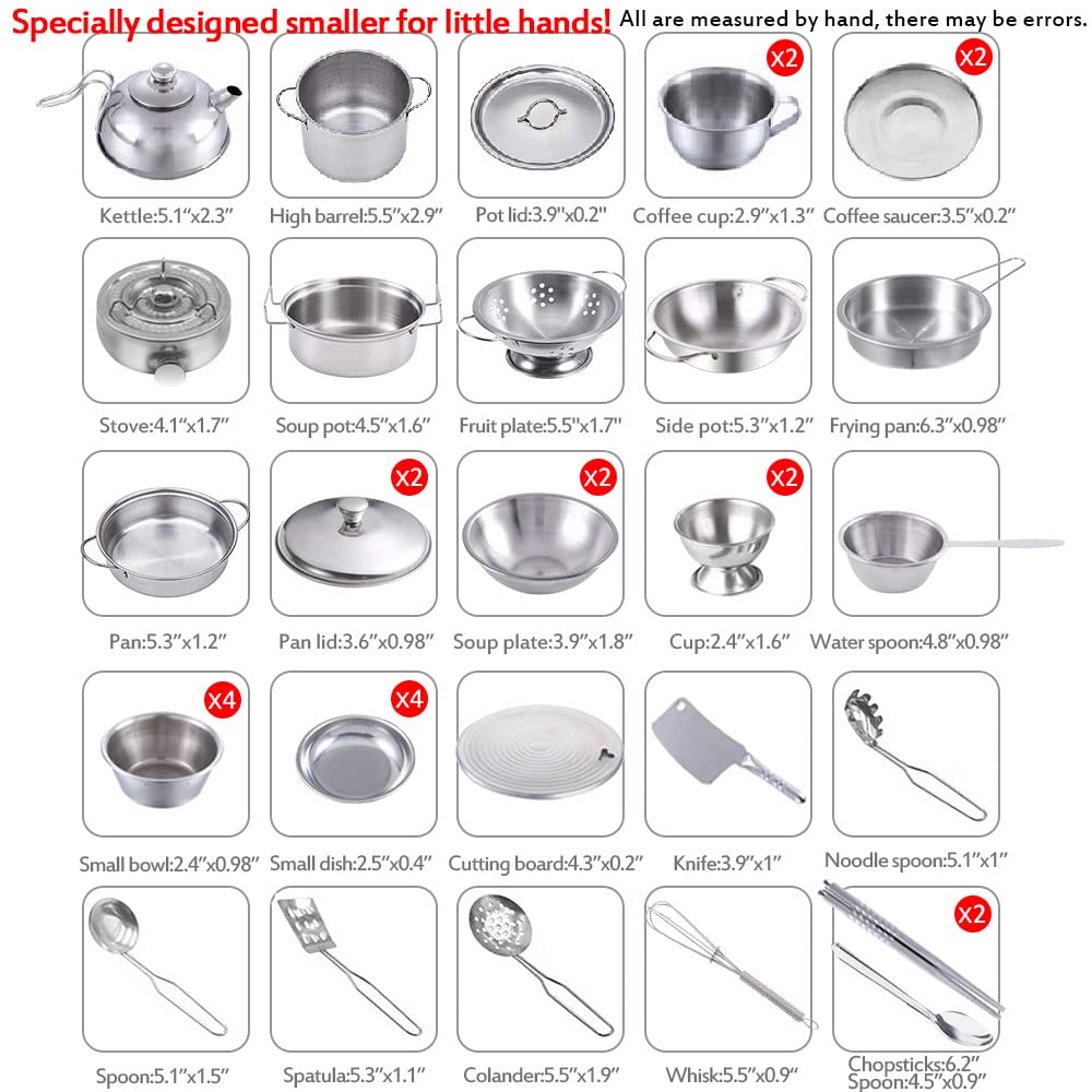Juego de utensilios de cocina de acero inoxidable, juguetes de cocina, vienen con una práctica caja de almacenamiento, juguetes educativos para niños pequeños (41 piezas)