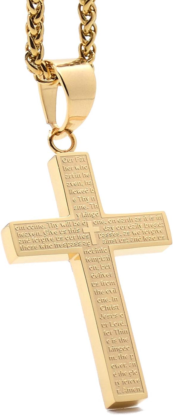 Men's Stainless Steel Simple Cross Pendant Lord's Prayer Necklace 22 Inch