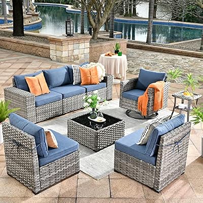 HOOOWOOO Outdoor Patio Sectional Furniture Sofa Set with Swivel Rocking Chair,8 Piece Modern Wicker Couch with Widened Armrest,Modular Conversation Seating Set for Garden(Denim Blue)