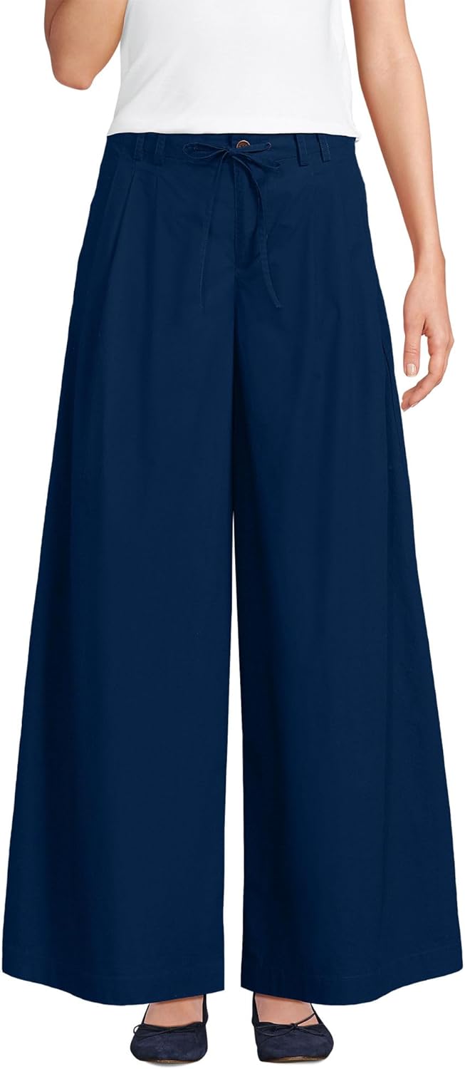 Lands' End Women's Poplin Mid Rise Pleated Slouchy Pants