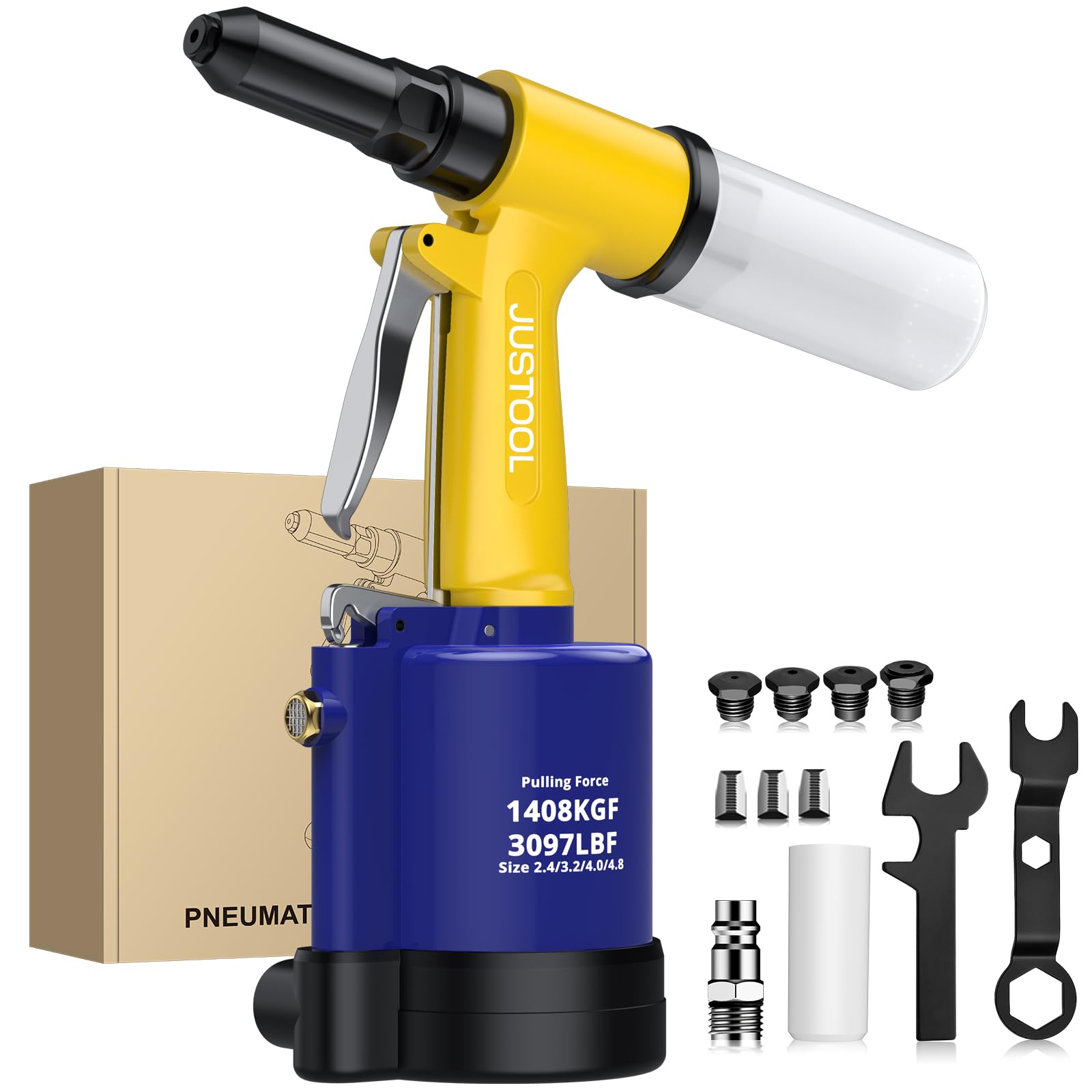 JUSTOOL Remachadora Neumática con 4 Boquillas (2.4mm,3.2mm,4.0mm,4.8mm) y 3 Mordazas,1408KGF Pistola de Remachadora para el Mantenimiento de Automóviles y Embarcaciones