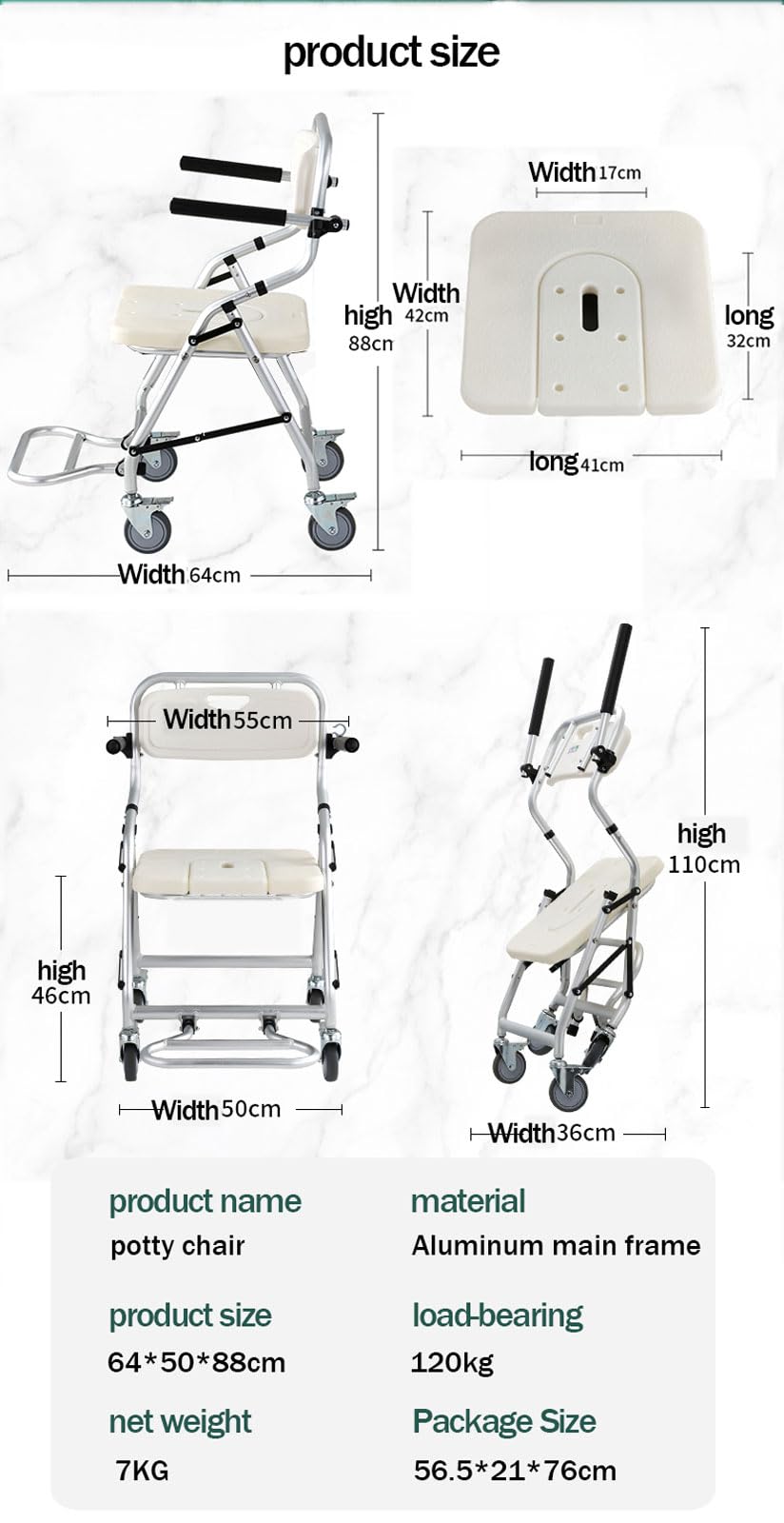 Silla de Ducha con Ruedas para Personas Mayores, Silla de Baño Plegable con Reposabrazos y Respaldo, Taburete de Ducha para Personas Mayores Mujeres Embarazadas