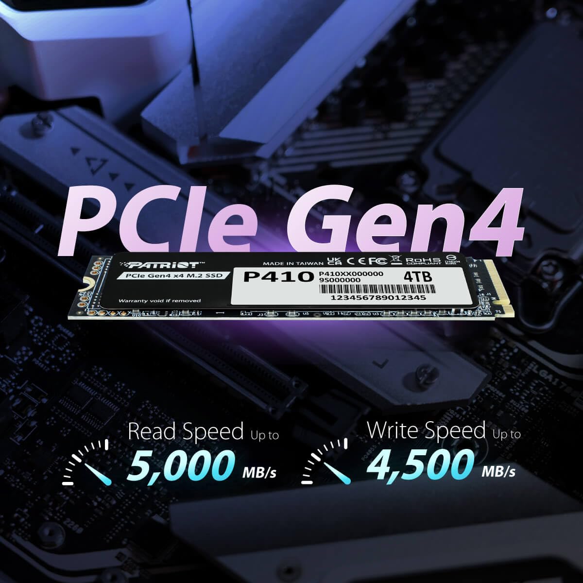 Patriot P410 1 to Internal SSD - NVMe PCIe Gen 4x4 - M.2 2280 - Sequential Read: Up to 5,000MB/s and Sequential Write: Up to 4,500MB/s - PS5 Compatible - Solid State Drive - P410P1TBM28H