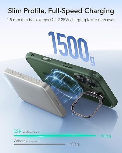 Vista 360 de ESR - Funda para iPhone 15 compatible con MagSafe, funda protectora de grado militar con soporte integrado, cubierta trasera resistente a