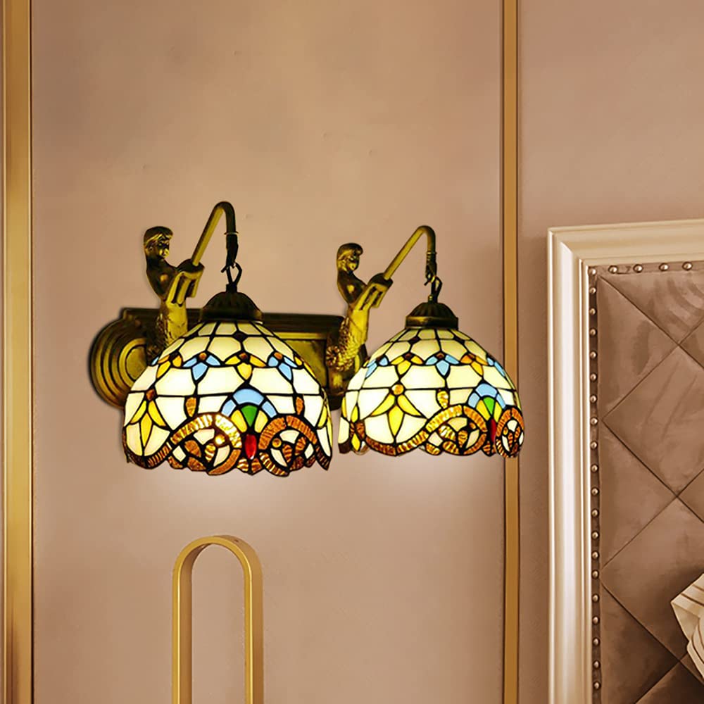 YIYIBYUS Tiffany Style Wall Sconce Stained Glass Shade Wall Lamp Indoor Lighting Fixture,Stained Glass Vintage Antique Light for Bedroom Living Room (Double Head/Yellow)