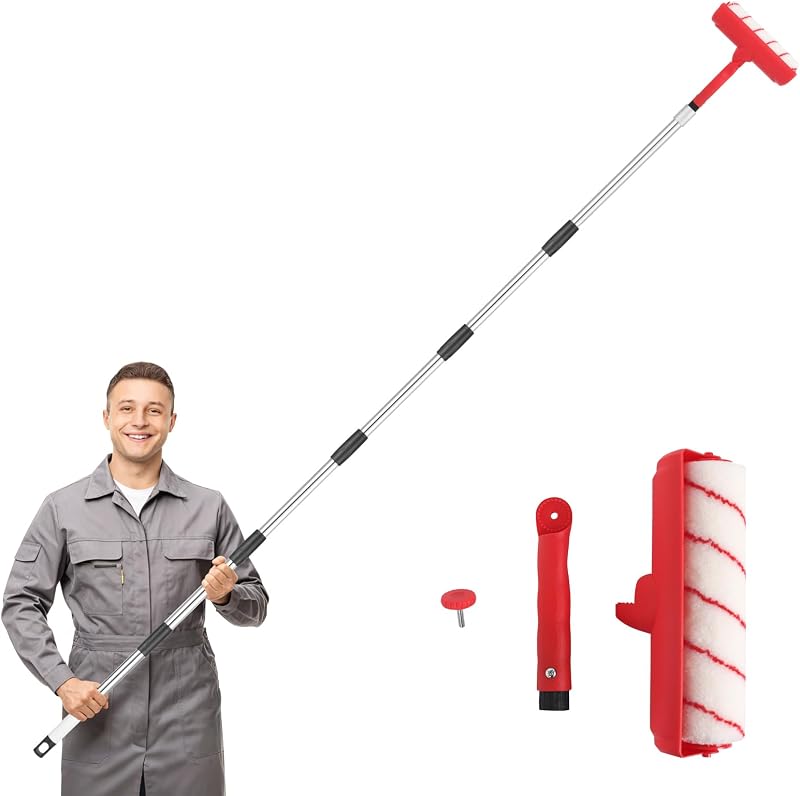 Ceiling Paint Roller No Drip Kit, 98" Paint Roller Kit with Extension Pole | With Red Plastic Splash Shield & Adjustable Rotating Head, Professional & DIY Use for Ceilings, Walls, Fences, Furniture