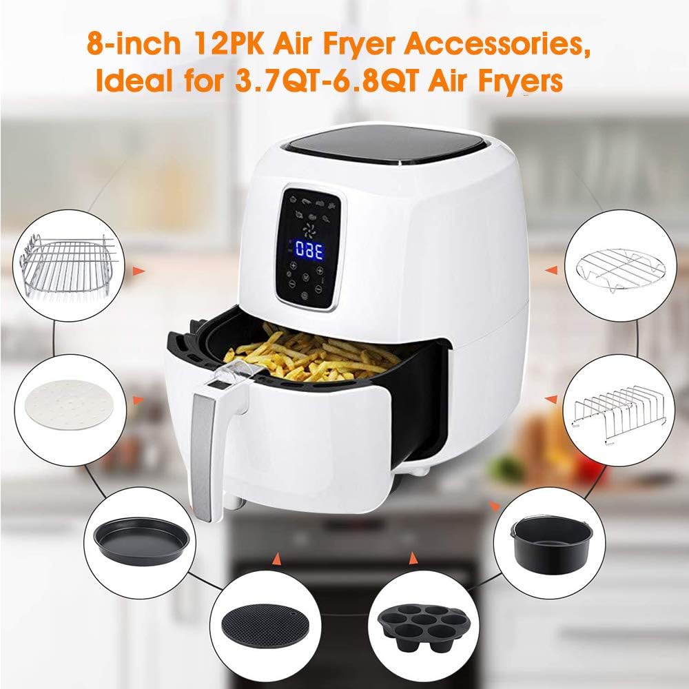 Newox Air Fryer Accessories, Set of 12, Fit all 3.7QT - 6.8QT Power Deep Hot Air Fryer with 8 Inch Cake Barrel, Pizza Pan, Cupcake Pan, Oven Mitts, Skewer Rack