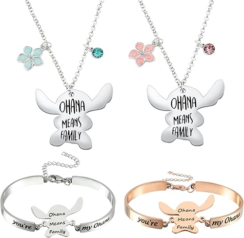 Ohana Means Family Stitch Collar Llavero de puntada con piedra natal de acero inoxidable Ohana, juego de joyería de regalo para mujeres, niños y
