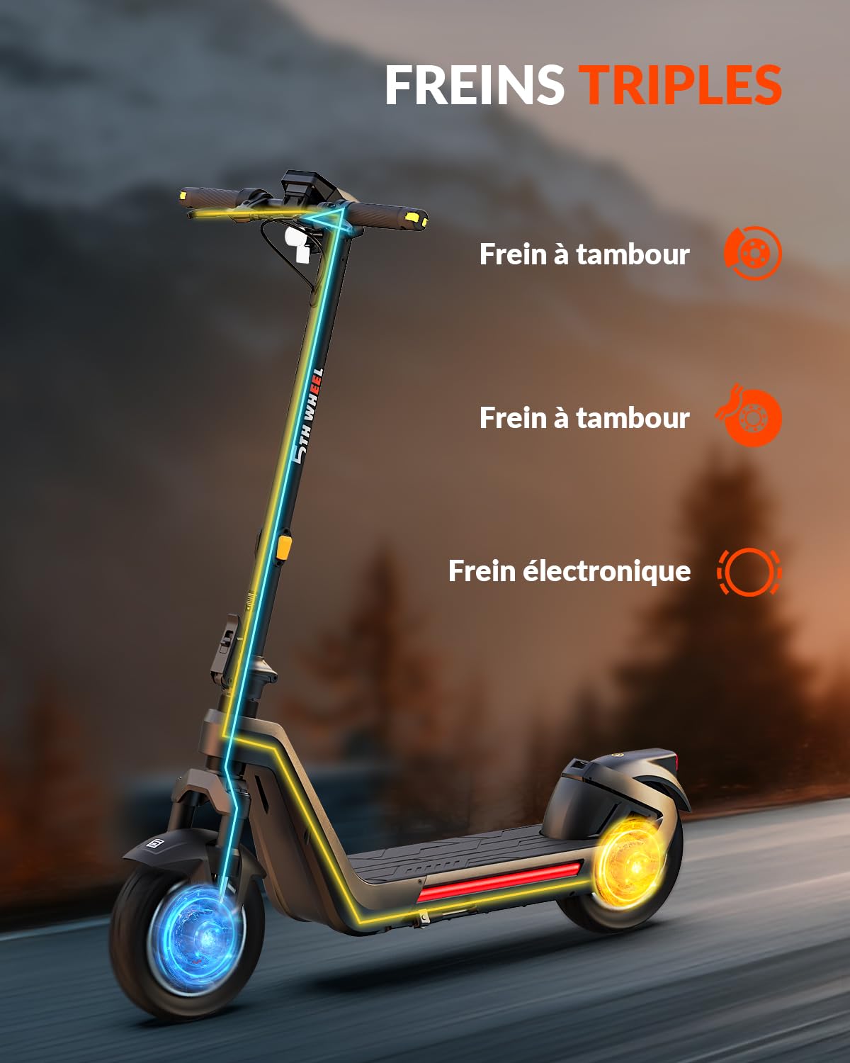 5TH WHEEL ES15 Trotinette électrique Adulte, Moteur jusqu'à 1200W/25km/h, 65KM Autonomie, Pneus Tubeless 11", Trotinette électrique Pliable avec Suspension Avant, App, Triple Freinage, Charge 150kg