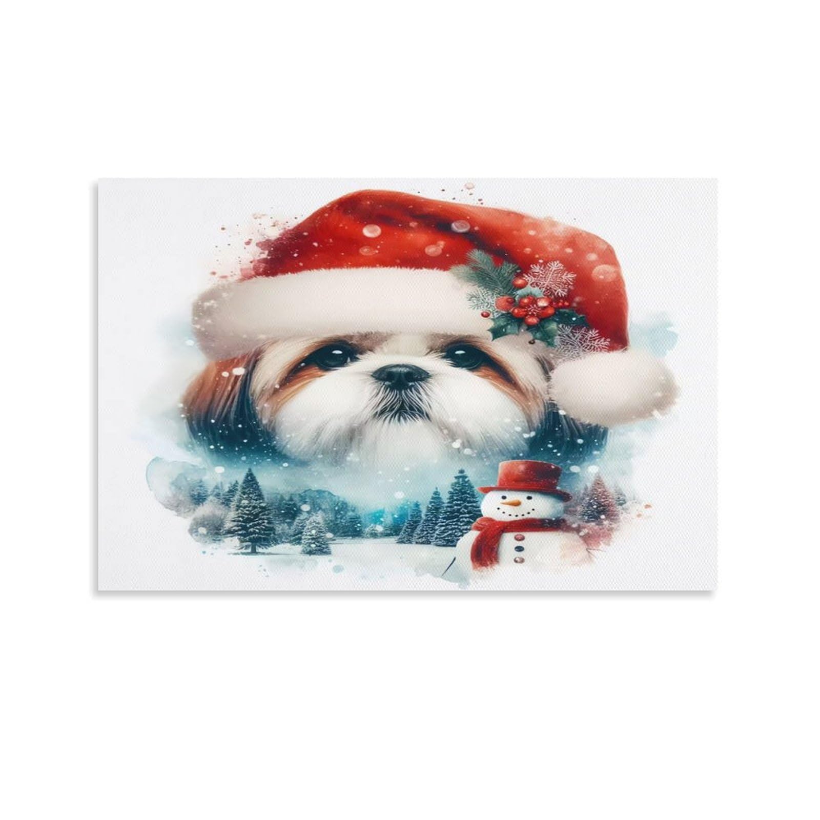 CPLVKWRQJ Shih Tzu Puppy in Basket with Lilies of The Valley Festive Shih Tzu with Santa Hat And Snowman Canvas Wall Decor - Office Canvas Print Fade Resistant Wall Focal Art Decor 20x30inch(50x75cm)