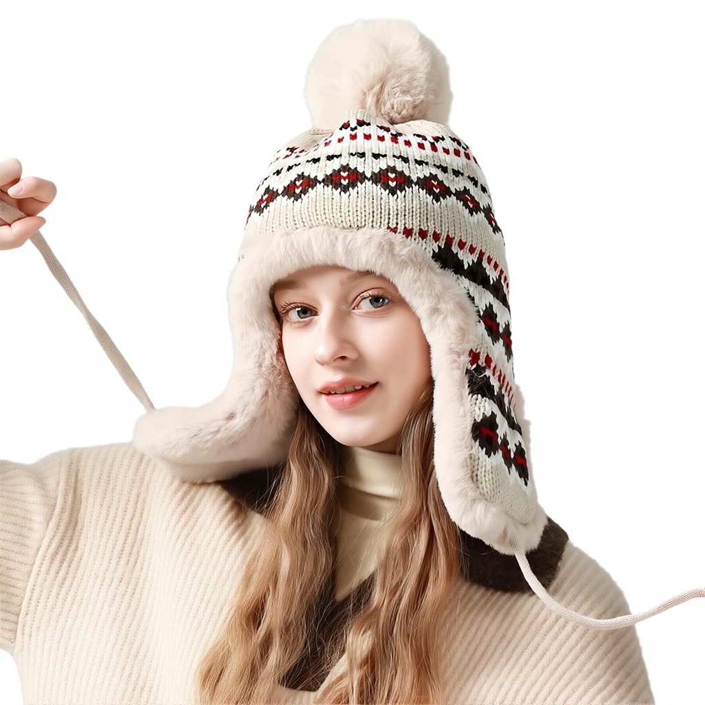 SANNIDHI® Winter Hat for Women Girls, Winter Ushanka Hat Warm Knitted Hat with with Ear Flaps, Plush Lined Design, Stylish Patterned Knit Ushanka Cap for Outdoor Activities, Christmas Gift Beige SANNIDHI® Winter Hat for Women Girls, Winter Ushanka Hat Warm Knitted Hat with with Ear Flaps, Plush Lined Design, Stylish Patterned Knit Ushanka Cap for Outdoor Activities, Christmas Gift Beige