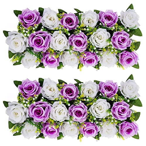 Blosmon Artificial Flowers Wedding Centerpieces Decorations Fake Flowers 2 Pcs Lilac & White Silk Floral Arrangement Dinning Table Runner Centerpiece, Rose Flower For Room Reception Table Decor #TOP17
