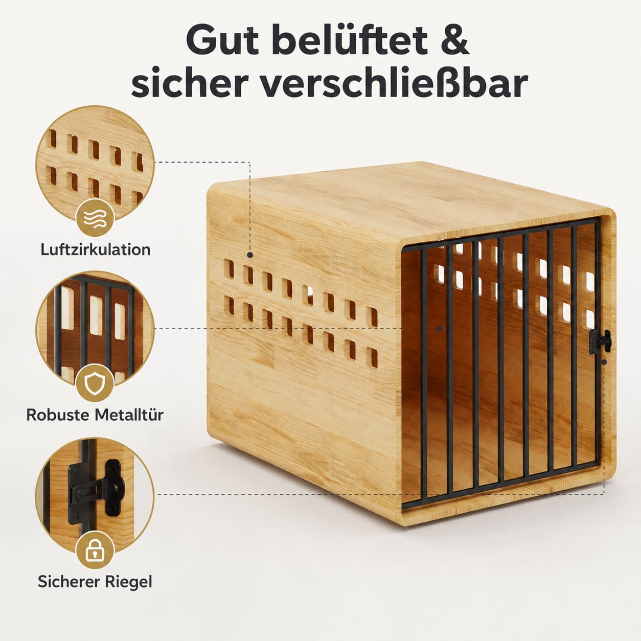 Hundebox Holz mit Metalltür, Indoor Hundehütte, 80 x 60 x 61,5 cm