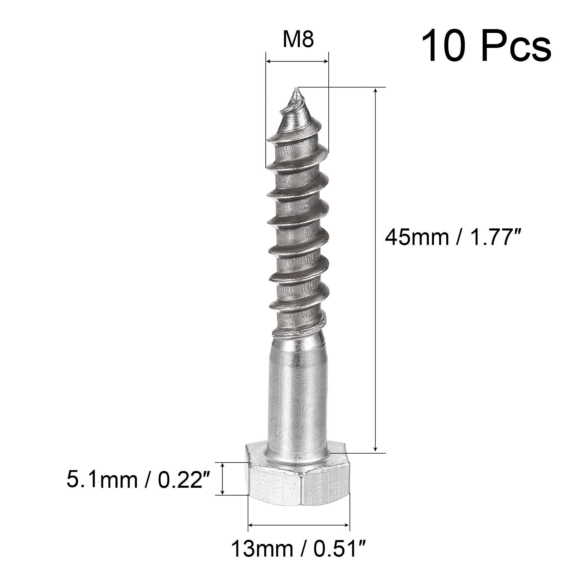 Unifizz 10 Pcs Hex Lag Screws, M8 x 45mm 304 Stainless Steel Wood Bolts - Image 2