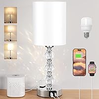 Acaxin Touch Crystal Bedside Lamp: USB-C/A Ports + AC Outlet, 3-Way Dimmable White Silver Nightstand Light for Bedroom