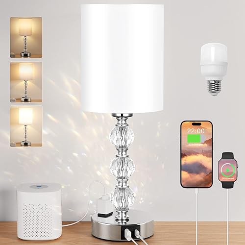 Touch Bedside Lamps for Bedrooms Nightstand - Crystal Table Lamp with USB C+A Charging Port and AC Outlet White, 3 Way Dimmable Silver Small End Side Table Lamp for Living/Guest/Dinning Room/Kitchen