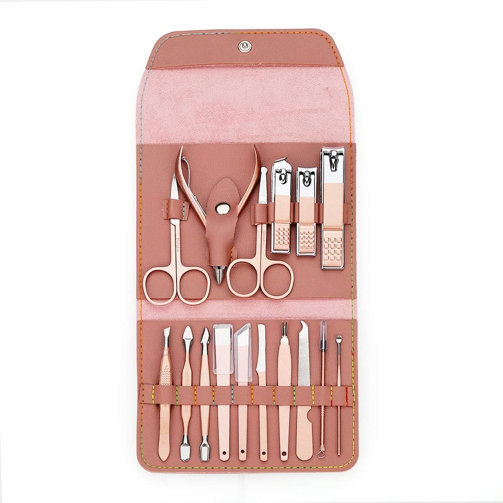 Juego de Cortaúñas Manicura 16pcs / set Rose Gold Nail Clipper Set Professo de acero inoxidable tijeras de uñas Scissors Clipper Tweeer Tools Family Foot Hand Care Set para el Cuidado Personal y la Be