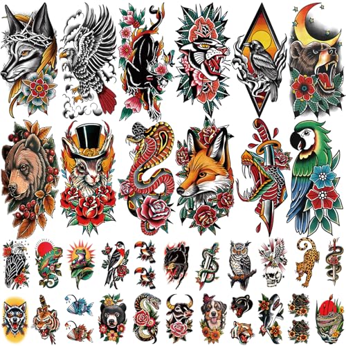 77 Sheets Classic Temporary Tattoo, Old School Animal Temporary Tattoos Wolf Snake Bear Fox Horse Owl Leopard Crow Eagle for Men Women Girls, Traditional Half Arm Fake Tattoos for Adults Arm Neck