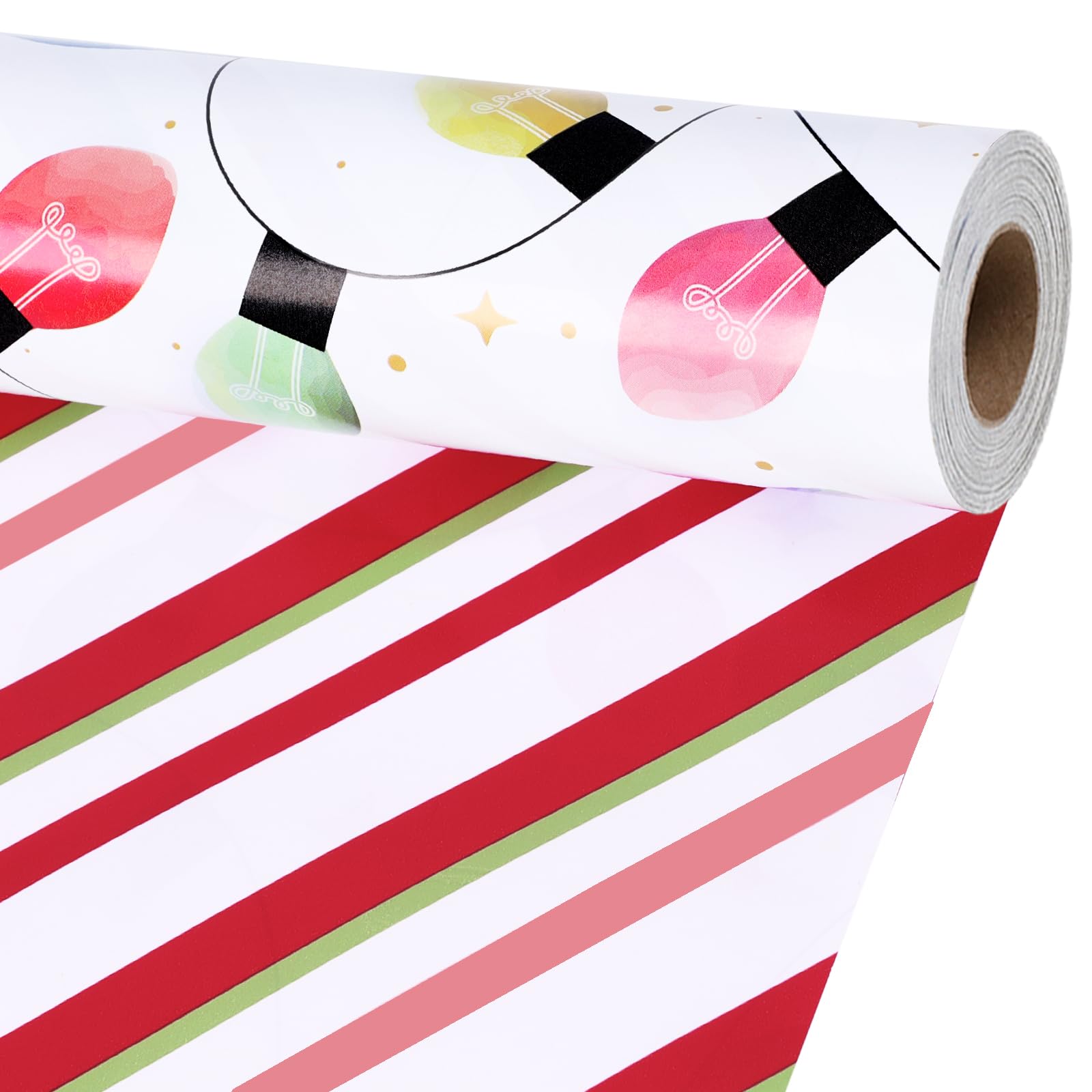 LaRibbons Reversible Vintage Christmas Wrapping Paper Roll, Classic Christmas Light & Stripe Gift Wrap for Holiday, Xmas Party Celebration, 17 Inch × 33 Feet — image 1