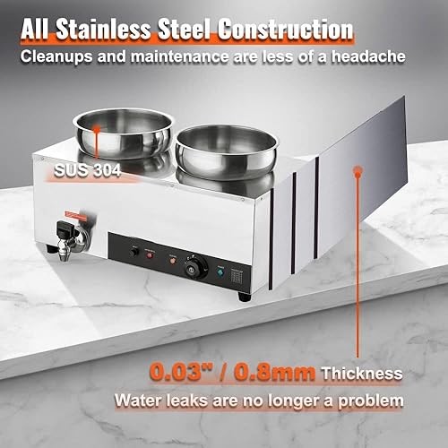 Miniatura 5 de Calentador de sopa doble olla comercial Bain Marie, botón anti-quemadura y reinicio en seco, acero inoxidable 1200W, estación de buffet de