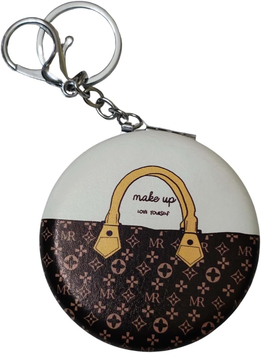 Portable Metal Folding Compact Mirror with Keychain, Small Pocket Makeup Mirror for Girls, Travel Size Round (Makeup)