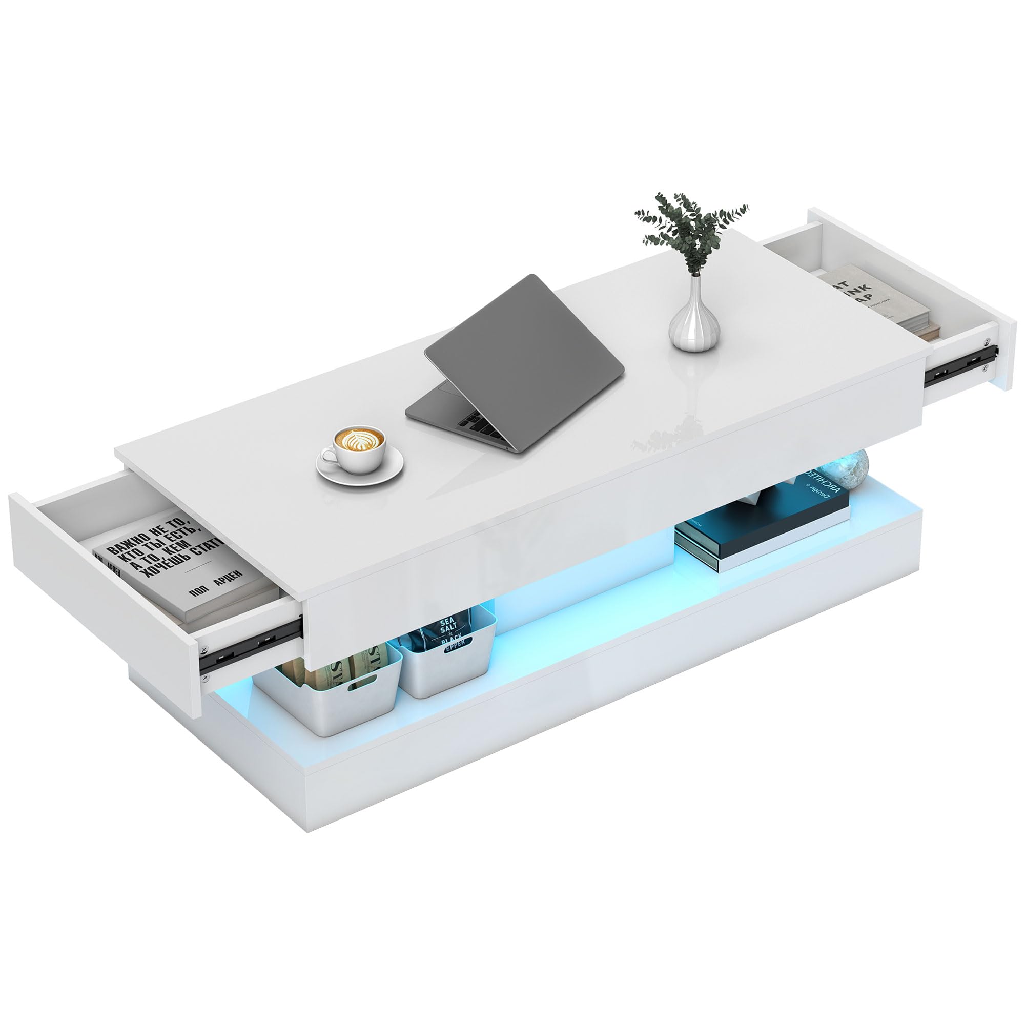 HOMCOM Couchtisch Hochglanz mit LED Beleuchtung 120 x 50 x 42 cm Weiß | Wohnzimmertisch, 12-Farbiger, Moderner Beistelltisch, 2 Schubladen, Offenes Regal, Kaffeetisch, für Wohnzimmer