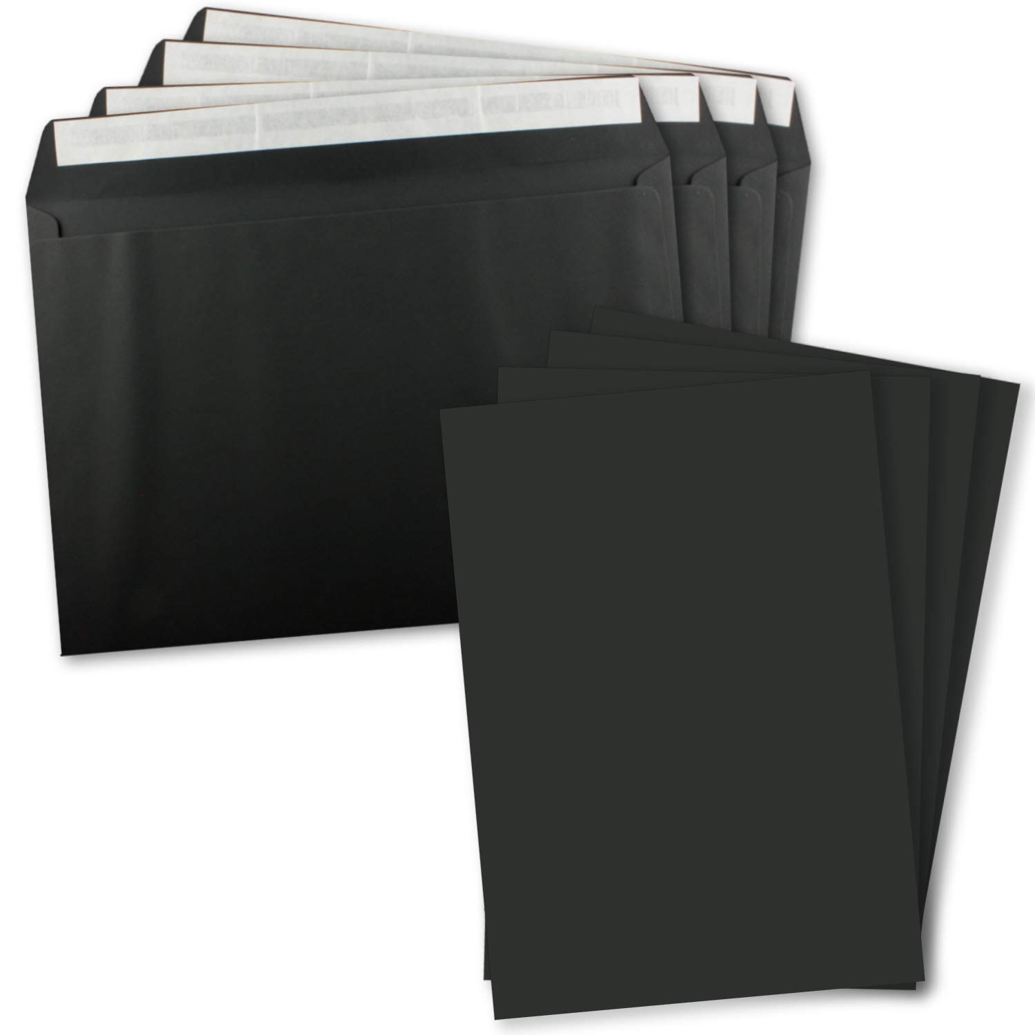 Zestaw 150 sztuk pojedynczych kartek XXL w formacie DIN A4 (21 x 29,7 cm) wraz z kopertami w formacie DIN C4 - czarne - koperty z zaklejaniem - do wysyłki kartek z życzeniami, dokumentów i bonów