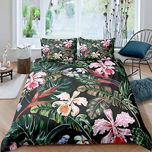 Palm Leaves Duvet Cover Tropical Floral Jungle Leaf Bedding Set Super King Size,Exotic Botanical Orchid Plant Flower Comforter Cover Set for Kids Boys Girls Teens Adult Hawaiian Style Bedroom Decor