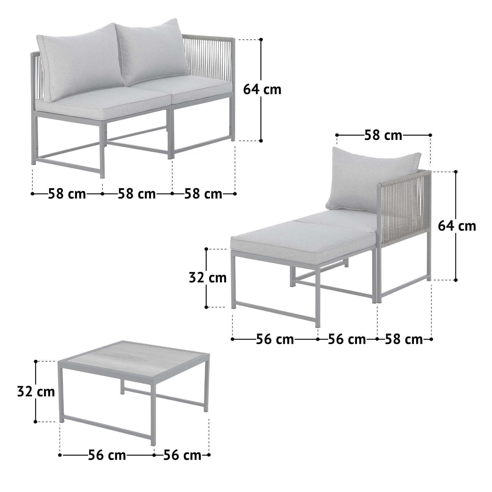 SVITA Detroit Gartenmöbel Set Polyrattan Lounge Modular Ecksofa Chaiselongue Tisch Flexibel als 3 Sitzer oder Sessel 2 Sitzer Inklusive Kissen Grau