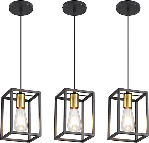 Miniatura 12 de Luces colgantes negras para isla de cocina, lámpara colgante de farol industrial con pantalla de vidrio transparente, iluminación colgante de altura