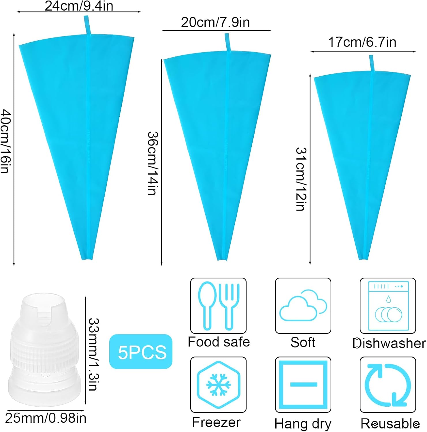 3 Pcs Reusable Frosting Piping Bags Silicone Icing Bag Large Pastry Bags Set Cake Decorating Reusable, Baking Dessert Piping Bag with 5 Icing Couplers for Standard Tips, Blue