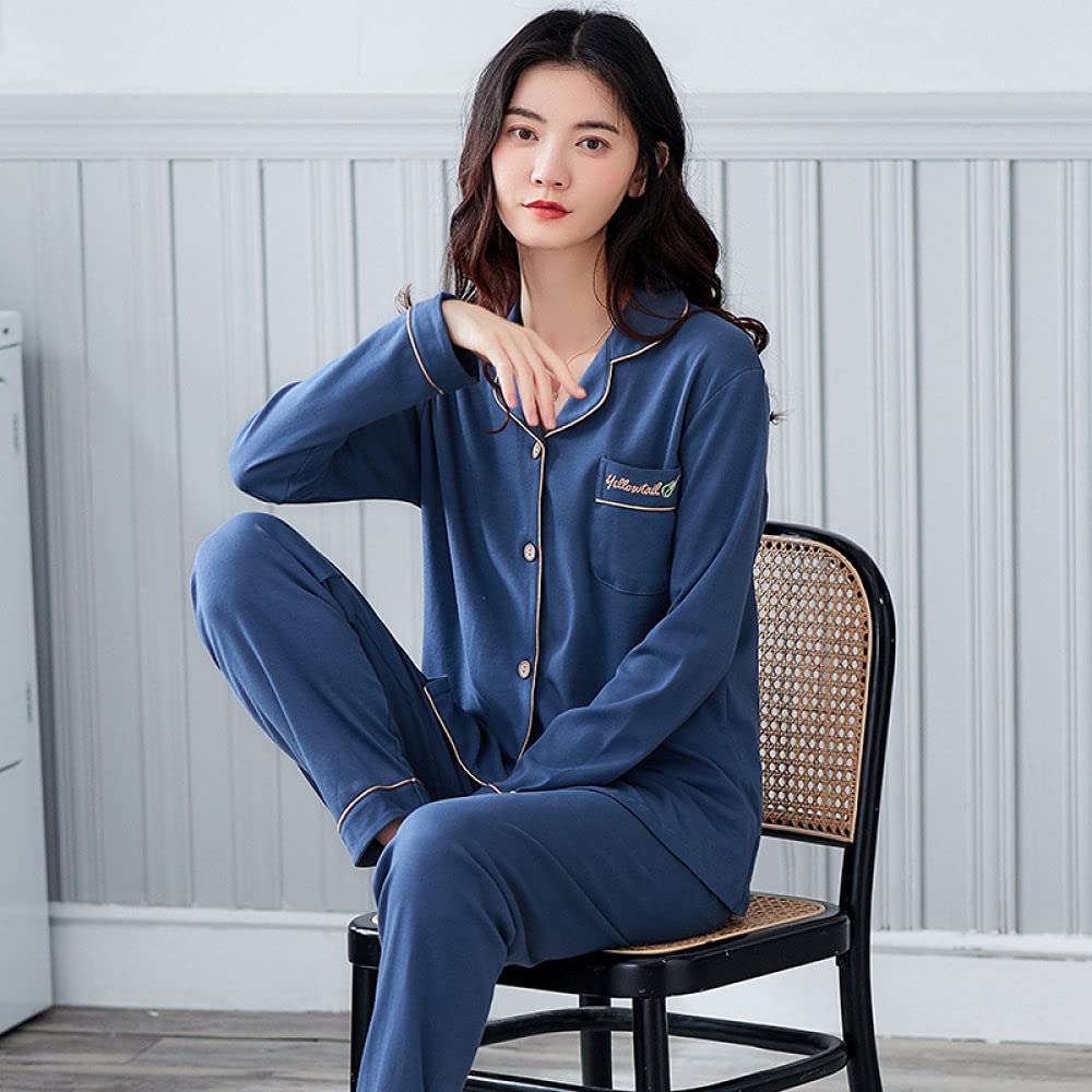 Manga Larga Pijama De Mujer De Dos Piezas,Conjunto De Pijamas Para Mujer, Cuello De Muesca, Manga Larga, Con Botones, Pijamas De Algodón Azul Marino, Pijamas De Otoño Invierno Para Mujer, Regalo D