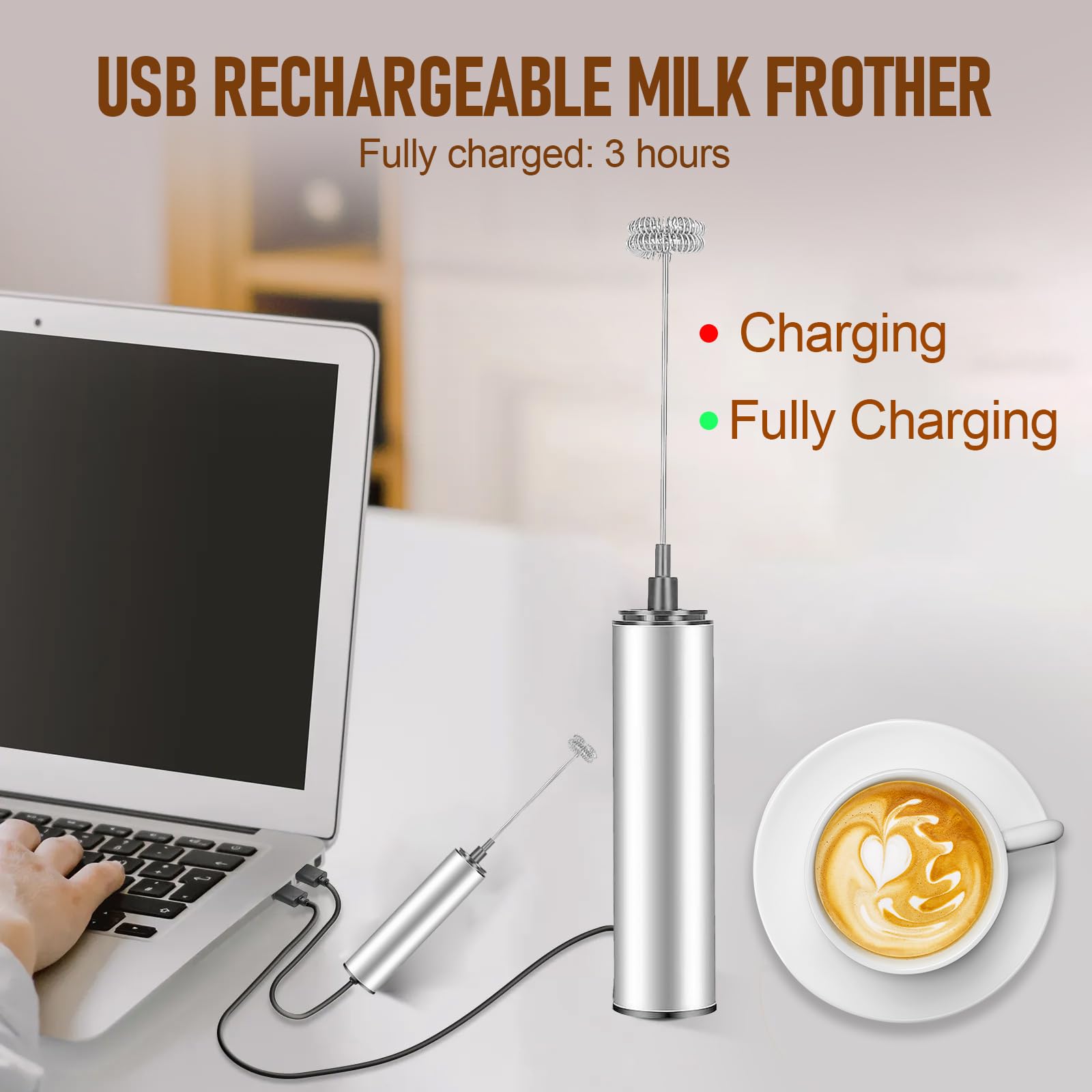 Edelstahl Elektrischer Milchaufschäumer, 3-in-1 Mini-Handmixer Elektrisch USB Wiederaufladbar, Schnellschaum, Handheld Milchschäumer Stab Für Cappuccino/Macchiato/Heiße/Schokolade/Eischnee