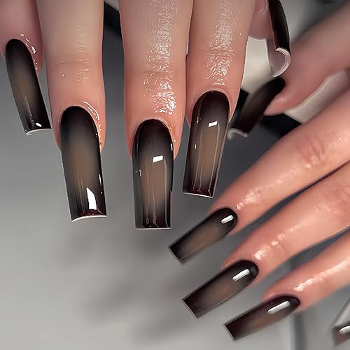 Miniatura 20 de IMSOHOT Uñas postizas largas a presión, uñas postizas cuadradas con pegamento brillante, diseño de mariposa y diamantes de imitación, uñas postizas