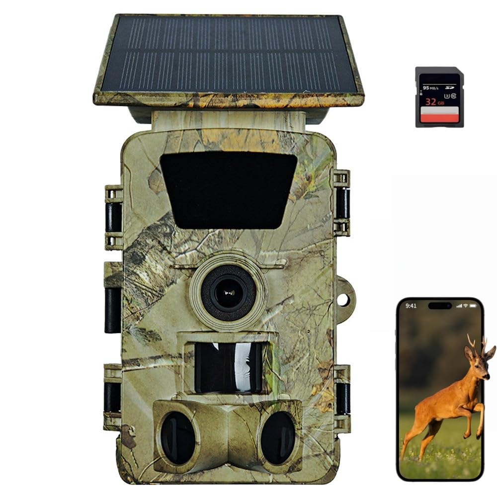 Solar Wildkamera 5K HD 60MP mit Nachtsicht & WLAN-App, 5200mAh Akku + Solar, 0.2s Auslöser, 120° IP67 Wasserdicht, Bewegungsmelder für Outdoor-Tierüberwachung