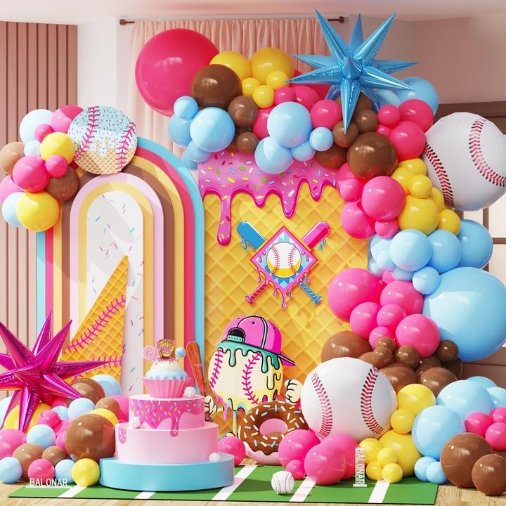 Image of Ice Cream Drip Baseball Birthday Party Decorations 140pcs Baseball Balloon Arch with Hot Pink Light Blue Yellow Latex Balloons Explosive Star Foil Balloon for Baseball Theme Birthday Party Supplies
