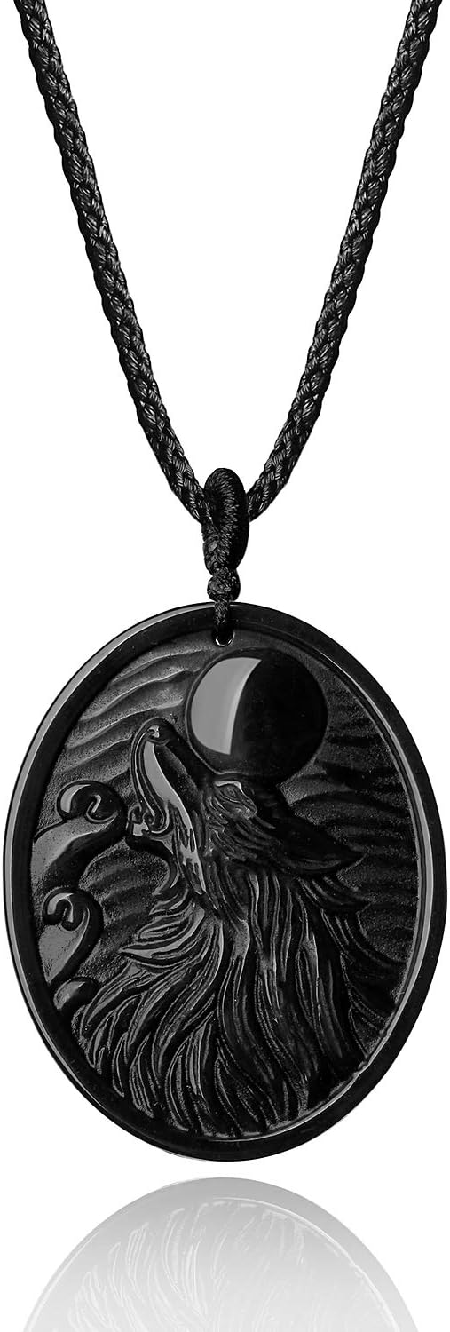 Obsidian Stone Wolf Amulet Pendant Necklace