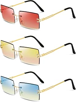 Weewooday Vintage Transparent Rectangle Rimless Sunglasses for Men and Women, 3 Pairs, Pink Yellow, Blue Yellow, Purplish Red