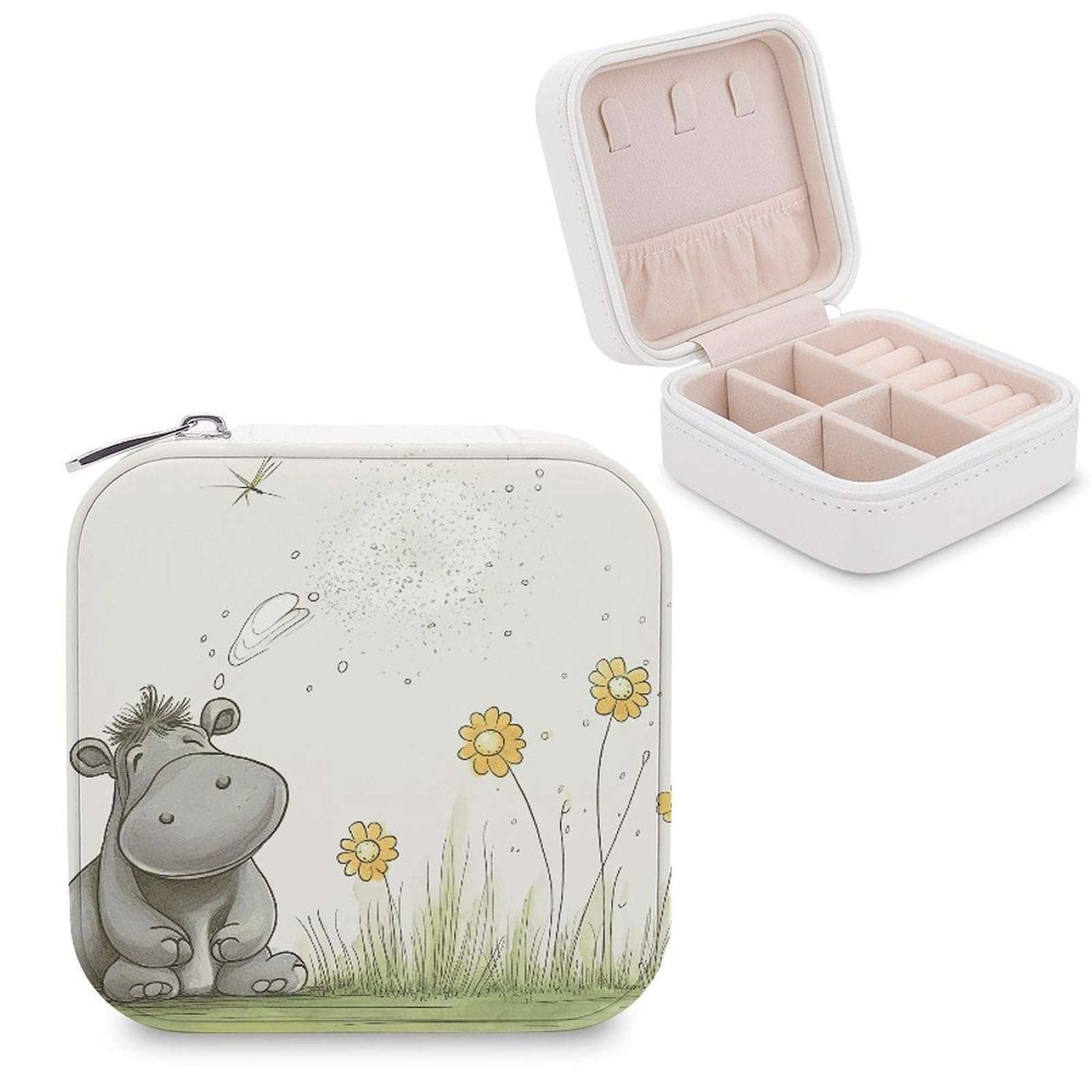 JTREHY Travel Hippo And Dandelion Jewelry Case Portable Display Storage Box PU Leather Mini Jewelry Travel Case Personalized Travel Jewelry Organizer Small Jewelry Box for Women