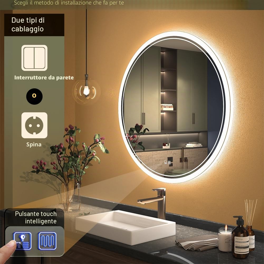 KWW Grande Specchio Rotondo Moderno della Vanità del Bagno del LED, Temperatura di Colore Regolabile, luci Dimmerabili Anti-nebbia, Specchio Montato a Parete Orizzontale/Verticale (60_x_60_cm)