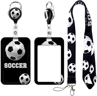 Soccer Badge Holder with Lanyard, Retractable Reel Name Tag Clip, Black Sport Breakaway Lanyard with Keychain for Boy Teacher Coach