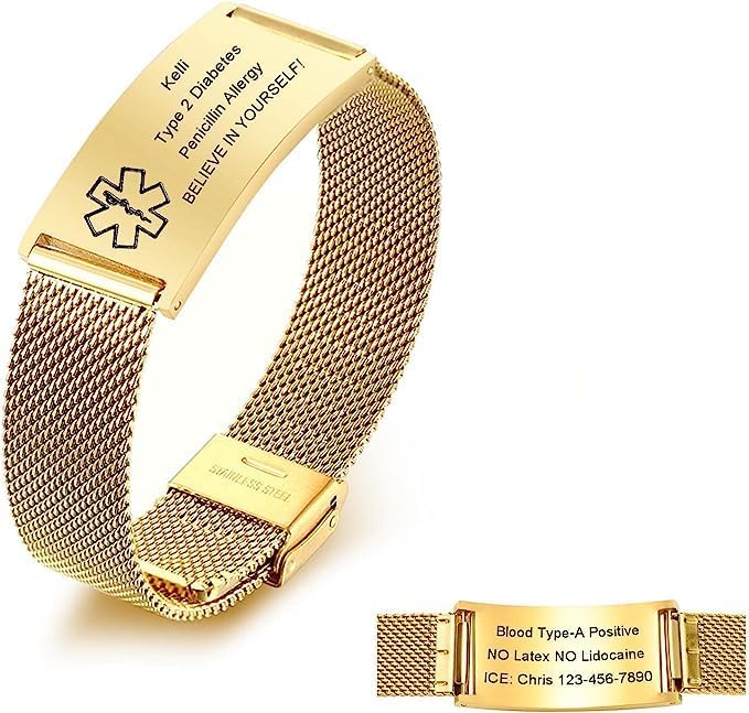 Pulseras personalizadas de alerta médica para hombres, mujeres y niños, grabado gratuito, malla de acero inoxidable ajustable, pulsera de
